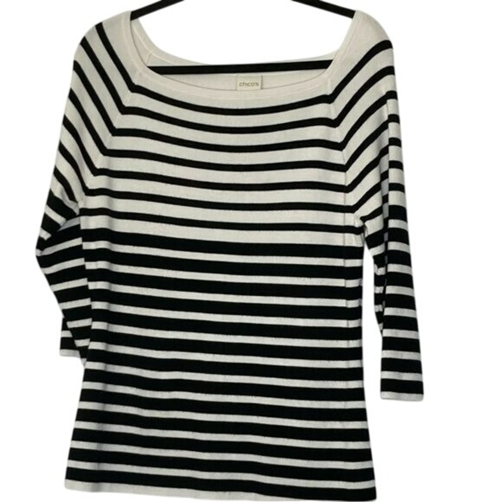 Chico's Women's Black‎ White Striped Boat Neck 3/4 Sleeve Knit Top  2 L Causal